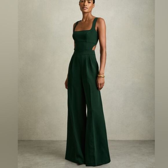 NWOT Reiss Dark Green Dion cutout wide leg Jumpsuit US 6 - Picture 1 of 16